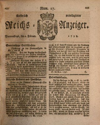 Kaiserlich privilegirter Reichs-Anzeiger (Allgemeiner Anzeiger der Deutschen) Donnerstag 1. Februar 1798