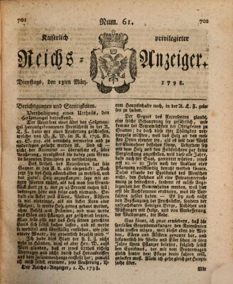 Kaiserlich privilegirter Reichs-Anzeiger (Allgemeiner Anzeiger der Deutschen) Dienstag 13. März 1798