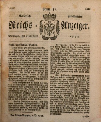 Kaiserlich privilegirter Reichs-Anzeiger (Allgemeiner Anzeiger der Deutschen) Dienstag 17. April 1798