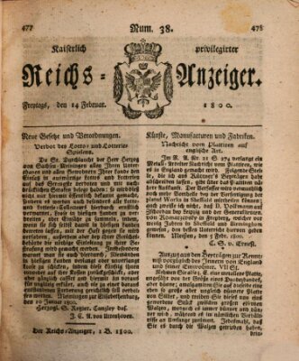 Kaiserlich privilegirter Reichs-Anzeiger (Allgemeiner Anzeiger der Deutschen) Freitag 14. Februar 1800