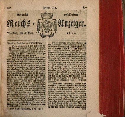 Kaiserlich privilegirter Reichs-Anzeiger (Allgemeiner Anzeiger der Deutschen) Dienstag 18. März 1800