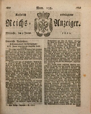 Kaiserlich privilegirter Reichs-Anzeiger (Allgemeiner Anzeiger der Deutschen) Mittwoch 3. Juni 1801