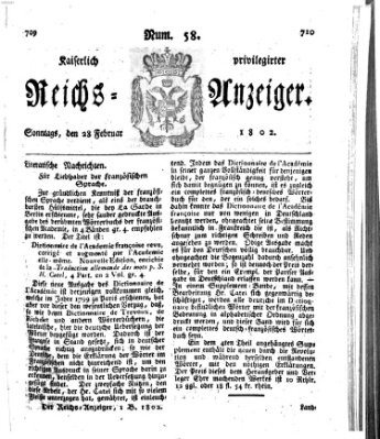 Kaiserlich privilegirter Reichs-Anzeiger (Allgemeiner Anzeiger der Deutschen) Sonntag 28. Februar 1802