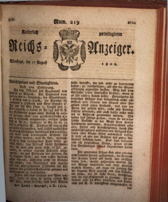 Kaiserlich privilegirter Reichs-Anzeiger (Allgemeiner Anzeiger der Deutschen) Dienstag 17. August 1802