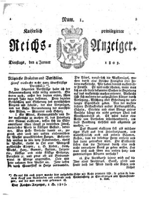 Kaiserlich privilegirter Reichs-Anzeiger (Allgemeiner Anzeiger der Deutschen) Dienstag 4. Januar 1803