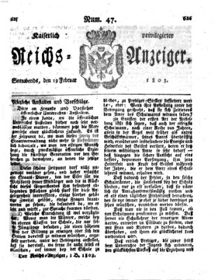 Kaiserlich privilegirter Reichs-Anzeiger (Allgemeiner Anzeiger der Deutschen) Samstag 19. Februar 1803