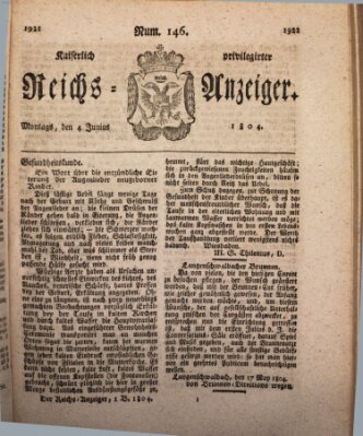 Kaiserlich privilegirter Reichs-Anzeiger (Allgemeiner Anzeiger der Deutschen) Montag 4. Juni 1804