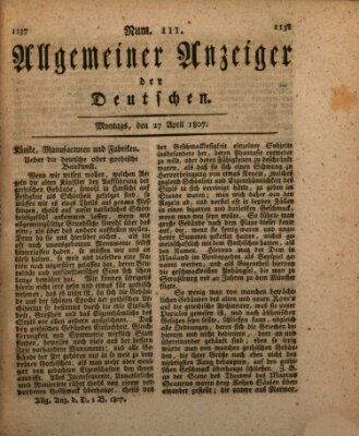 Allgemeiner Anzeiger der Deutschen Montag 27. April 1807