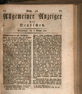 Allgemeiner Anzeiger der Deutschen Donnerstag 16. Februar 1809