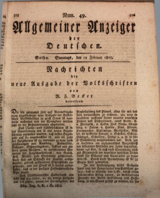 Allgemeiner Anzeiger der Deutschen Sonntag 19. Februar 1815