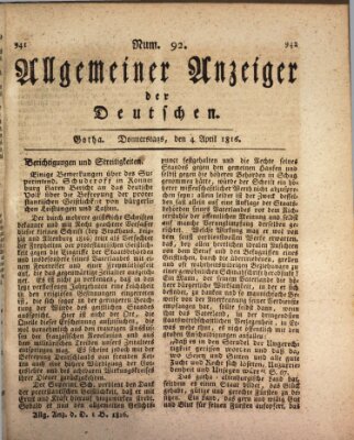 Allgemeiner Anzeiger der Deutschen Donnerstag 4. April 1816