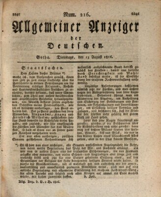 Allgemeiner Anzeiger der Deutschen Dienstag 13. August 1816