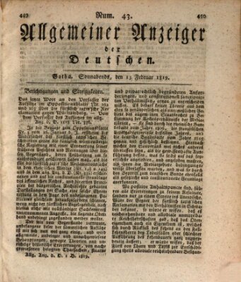 Allgemeiner Anzeiger der Deutschen Samstag 13. Februar 1819