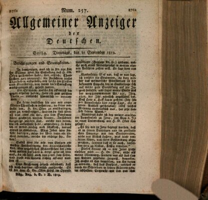 Allgemeiner Anzeiger der Deutschen Dienstag 21. September 1819