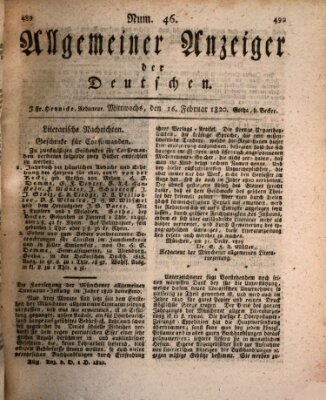 Allgemeiner Anzeiger der Deutschen Mittwoch 16. Februar 1820