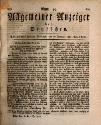 Allgemeiner Anzeiger der Deutschen Montag 19. Februar 1821