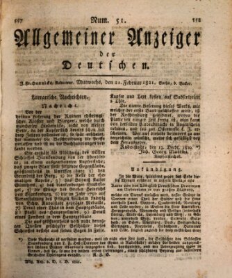 Allgemeiner Anzeiger der Deutschen Mittwoch 21. Februar 1821