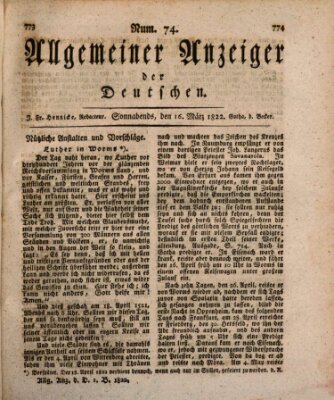 Allgemeiner Anzeiger der Deutschen Samstag 16. März 1822