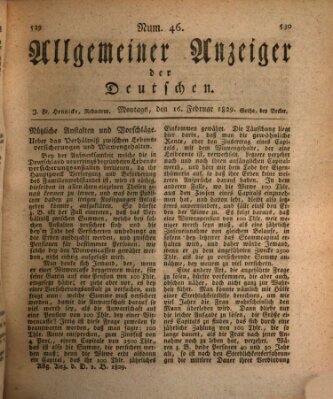 Allgemeiner Anzeiger der Deutschen Montag 16. Februar 1829