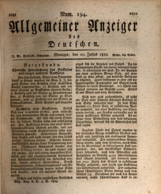 Allgemeiner Anzeiger der Deutschen Montag 20. Juli 1829