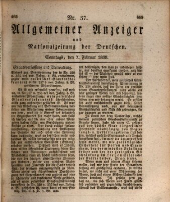 Allgemeiner Anzeiger und Nationalzeitung der Deutschen (Allgemeiner Anzeiger der Deutschen) Sonntag 7. Februar 1830