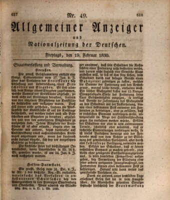 Allgemeiner Anzeiger und Nationalzeitung der Deutschen (Allgemeiner Anzeiger der Deutschen) Freitag 19. Februar 1830