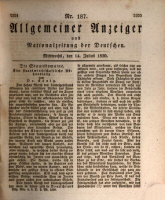 Allgemeiner Anzeiger und Nationalzeitung der Deutschen (Allgemeiner Anzeiger der Deutschen) Mittwoch 14. Juli 1830