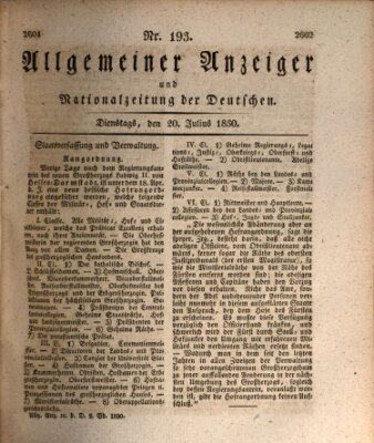 Allgemeiner Anzeiger und Nationalzeitung der Deutschen (Allgemeiner Anzeiger der Deutschen) Dienstag 20. Juli 1830