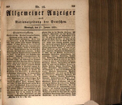 Allgemeiner Anzeiger und Nationalzeitung der Deutschen (Allgemeiner Anzeiger der Deutschen) Montag 17. Januar 1831