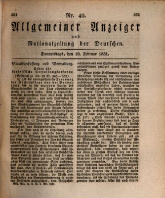 Allgemeiner Anzeiger und Nationalzeitung der Deutschen (Allgemeiner Anzeiger der Deutschen) Donnerstag 10. Februar 1831