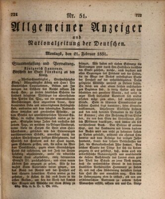 Allgemeiner Anzeiger und Nationalzeitung der Deutschen (Allgemeiner Anzeiger der Deutschen) Montag 21. Februar 1831