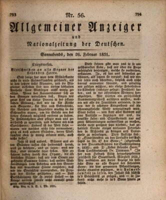 Allgemeiner Anzeiger und Nationalzeitung der Deutschen (Allgemeiner Anzeiger der Deutschen) Samstag 26. Februar 1831