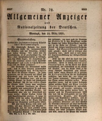 Allgemeiner Anzeiger und Nationalzeitung der Deutschen (Allgemeiner Anzeiger der Deutschen) Montag 14. März 1831