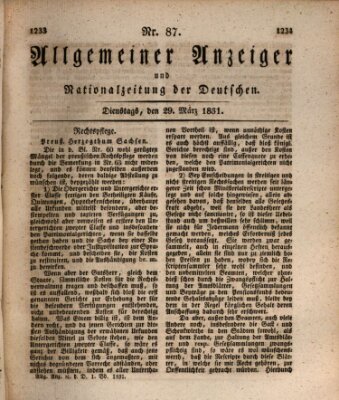 Allgemeiner Anzeiger und Nationalzeitung der Deutschen (Allgemeiner Anzeiger der Deutschen) Dienstag 29. März 1831