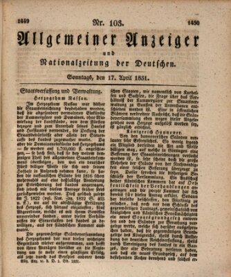 Allgemeiner Anzeiger und Nationalzeitung der Deutschen (Allgemeiner Anzeiger der Deutschen) Sonntag 17. April 1831