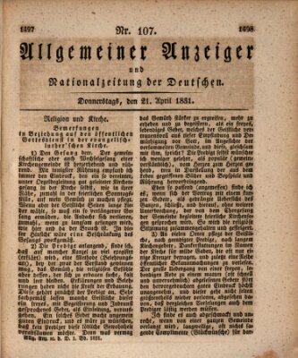 Allgemeiner Anzeiger und Nationalzeitung der Deutschen (Allgemeiner Anzeiger der Deutschen) Donnerstag 21. April 1831