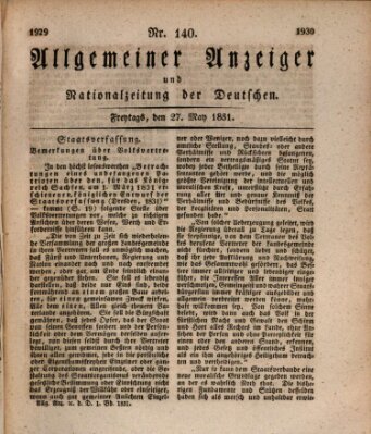 Allgemeiner Anzeiger und Nationalzeitung der Deutschen (Allgemeiner Anzeiger der Deutschen) Freitag 27. Mai 1831