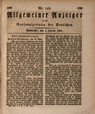 Allgemeiner Anzeiger und Nationalzeitung der Deutschen (Allgemeiner Anzeiger der Deutschen) Mittwoch 1. Juni 1831