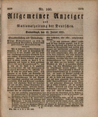 Allgemeiner Anzeiger und Nationalzeitung der Deutschen (Allgemeiner Anzeiger der Deutschen) Donnerstag 16. Juni 1831