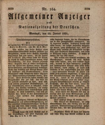 Allgemeiner Anzeiger und Nationalzeitung der Deutschen (Allgemeiner Anzeiger der Deutschen) Montag 20. Juni 1831