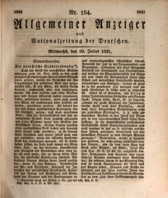 Allgemeiner Anzeiger und Nationalzeitung der Deutschen (Allgemeiner Anzeiger der Deutschen) Mittwoch 20. Juli 1831