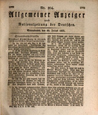 Allgemeiner Anzeiger und Nationalzeitung der Deutschen (Allgemeiner Anzeiger der Deutschen) Samstag 30. Juli 1831