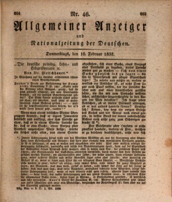 Allgemeiner Anzeiger und Nationalzeitung der Deutschen (Allgemeiner Anzeiger der Deutschen) Donnerstag 16. Februar 1832