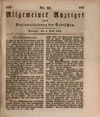 Allgemeiner Anzeiger und Nationalzeitung der Deutschen (Allgemeiner Anzeiger der Deutschen) Montag 2. April 1832