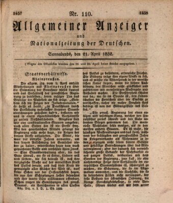 Allgemeiner Anzeiger und Nationalzeitung der Deutschen (Allgemeiner Anzeiger der Deutschen) Samstag 21. April 1832