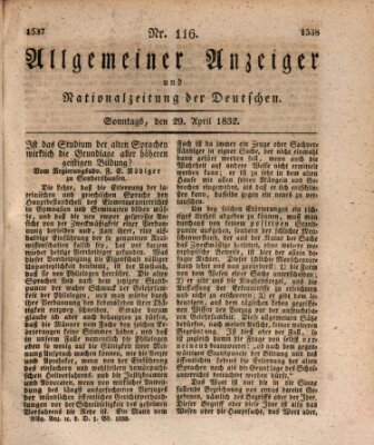 Allgemeiner Anzeiger und Nationalzeitung der Deutschen (Allgemeiner Anzeiger der Deutschen) Sonntag 29. April 1832