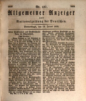 Allgemeiner Anzeiger und Nationalzeitung der Deutschen (Allgemeiner Anzeiger der Deutschen) Donnerstag 12. Juli 1832