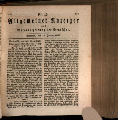 Allgemeiner Anzeiger und Nationalzeitung der Deutschen (Allgemeiner Anzeiger der Deutschen) Montag 14. Januar 1833