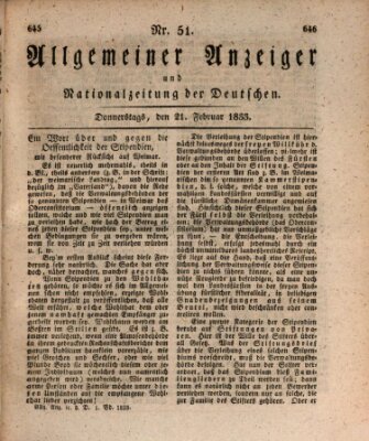 Allgemeiner Anzeiger und Nationalzeitung der Deutschen (Allgemeiner Anzeiger der Deutschen) Donnerstag 21. Februar 1833