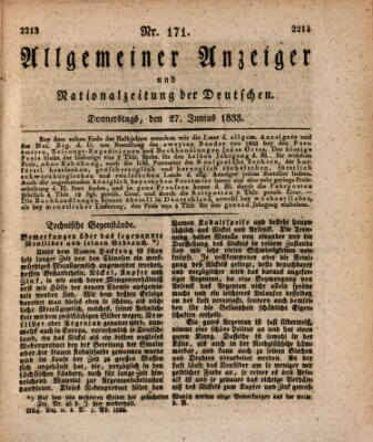 Allgemeiner Anzeiger und Nationalzeitung der Deutschen (Allgemeiner Anzeiger der Deutschen) Donnerstag 27. Juni 1833